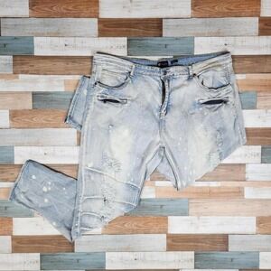 Waimea Mens Skinny Fit Distressed Moto Jeans Light Wash Paint Splatter 42x32